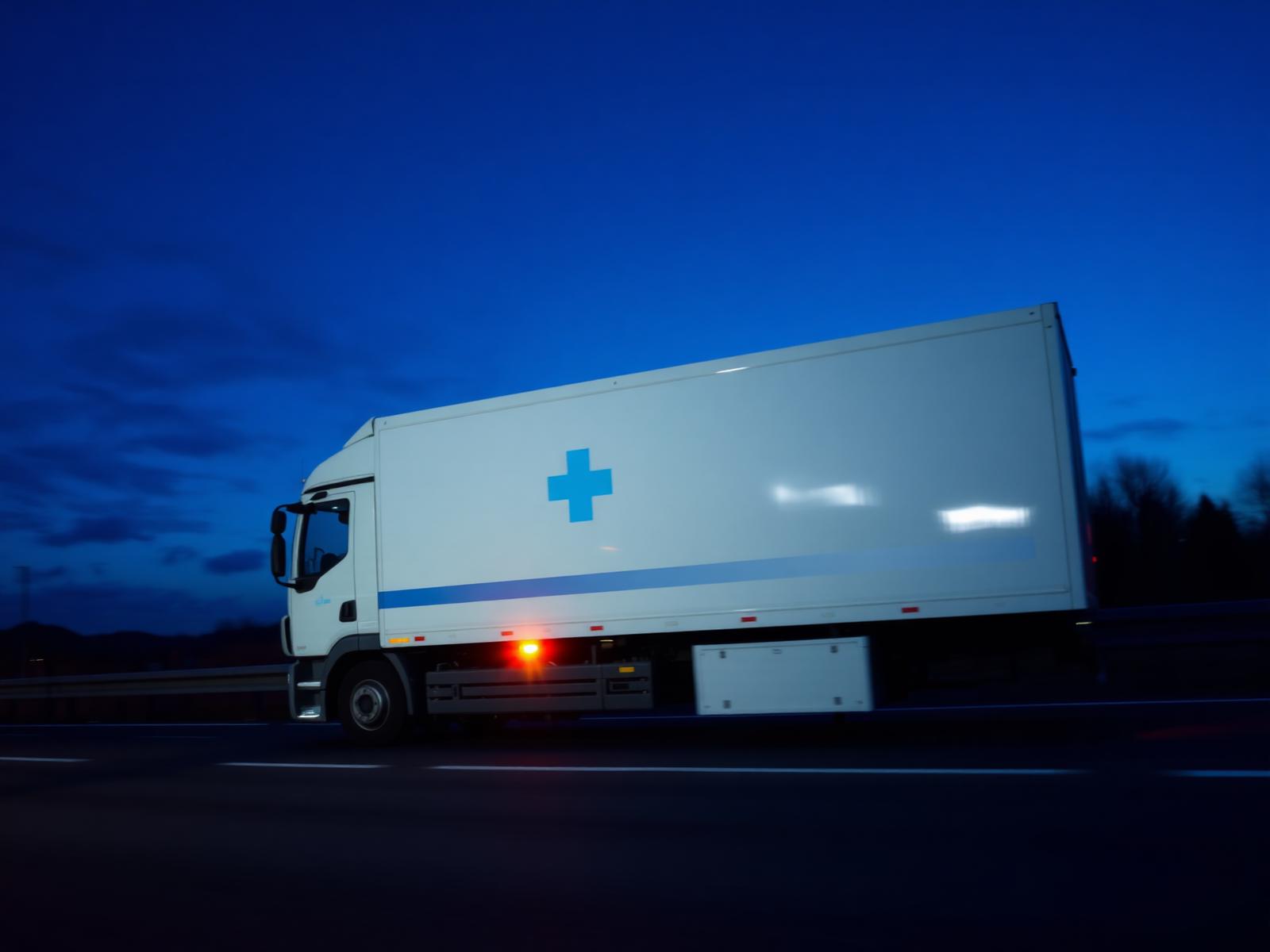 Dubă frigorifică farmaceutică ArktisLogistics pe autostrada europeană la crepuscul